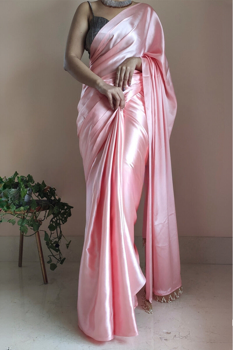 Charming 1-Minute Ready To Wear Peach Satin Silk Saree