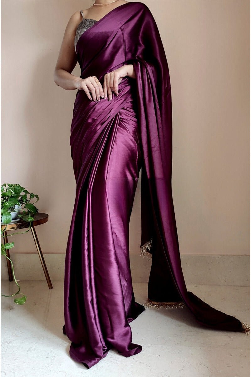 Proficient 1-Minute Ready To Wear Purple Satin Silk Saree