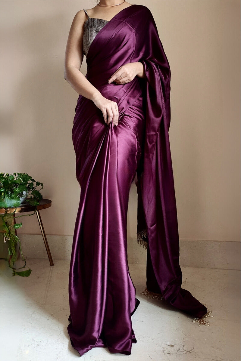 Proficient 1-Minute Ready To Wear Purple Satin Silk Saree