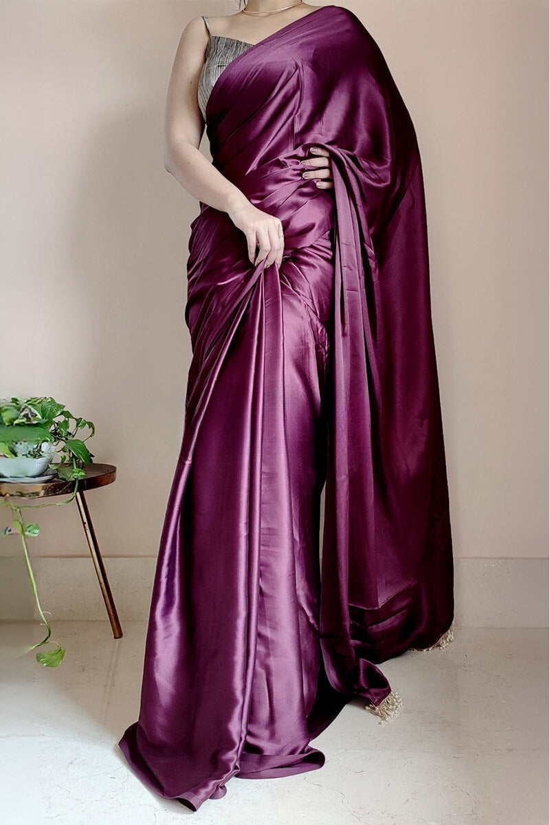 Proficient 1-Minute Ready To Wear Purple Satin Silk Saree