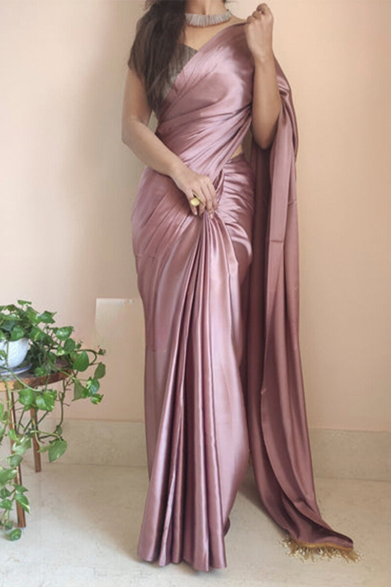Gratifying 1-Minute Ready To Wear Rose Gold Satin Silk Saree