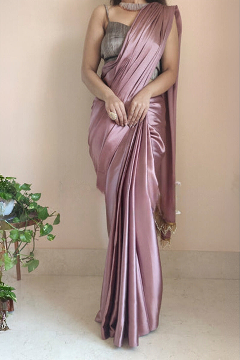 Gratifying 1-Minute Ready To Wear Rose Gold Satin Silk Saree