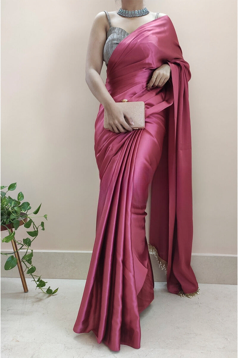Angelic 1-Minute Ready To Wear Rose Pink Satin Silk Saree