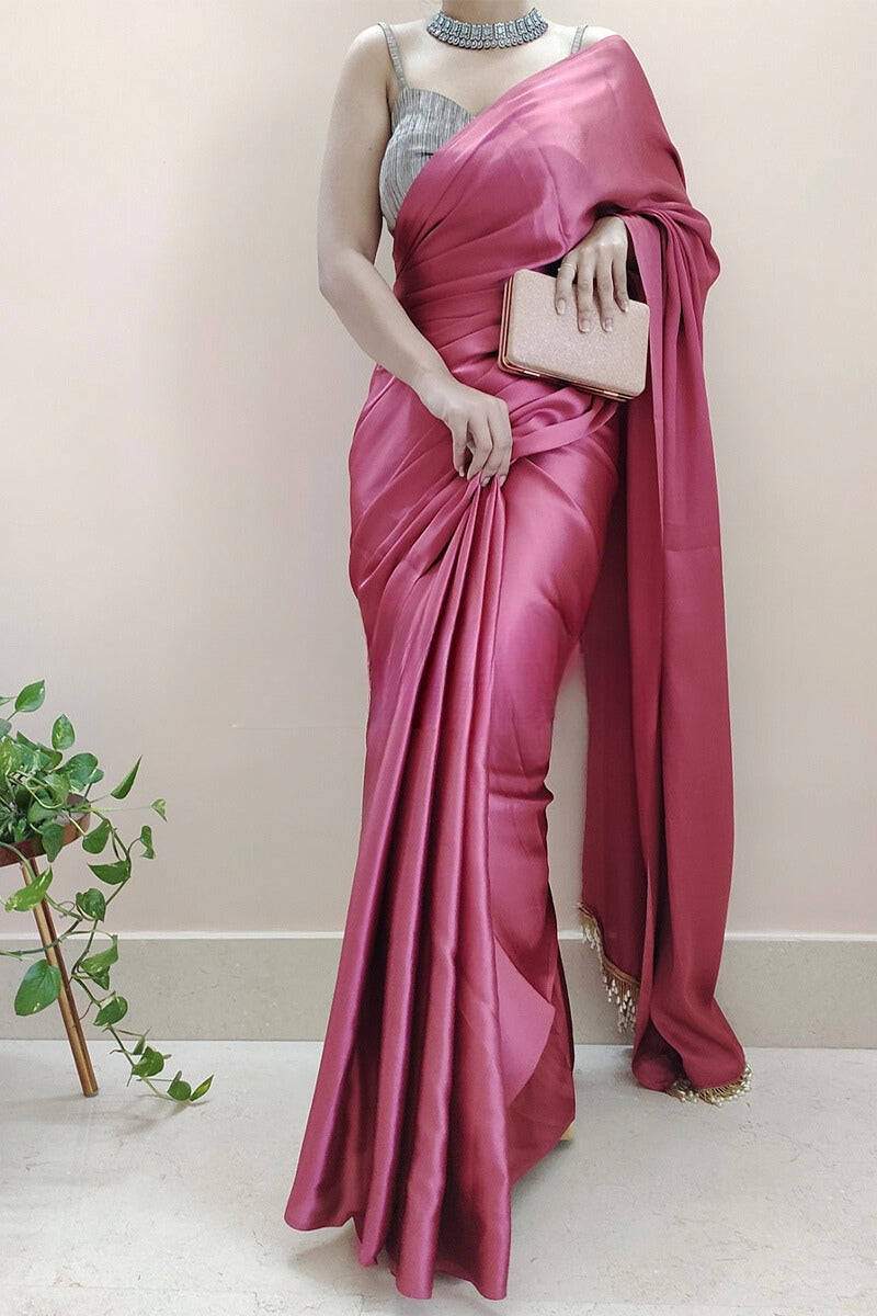 Angelic 1-Minute Ready To Wear Rose Pink Satin Silk Saree