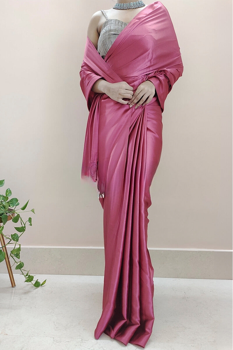 Angelic 1-Minute Ready To Wear Rose Pink Satin Silk Saree