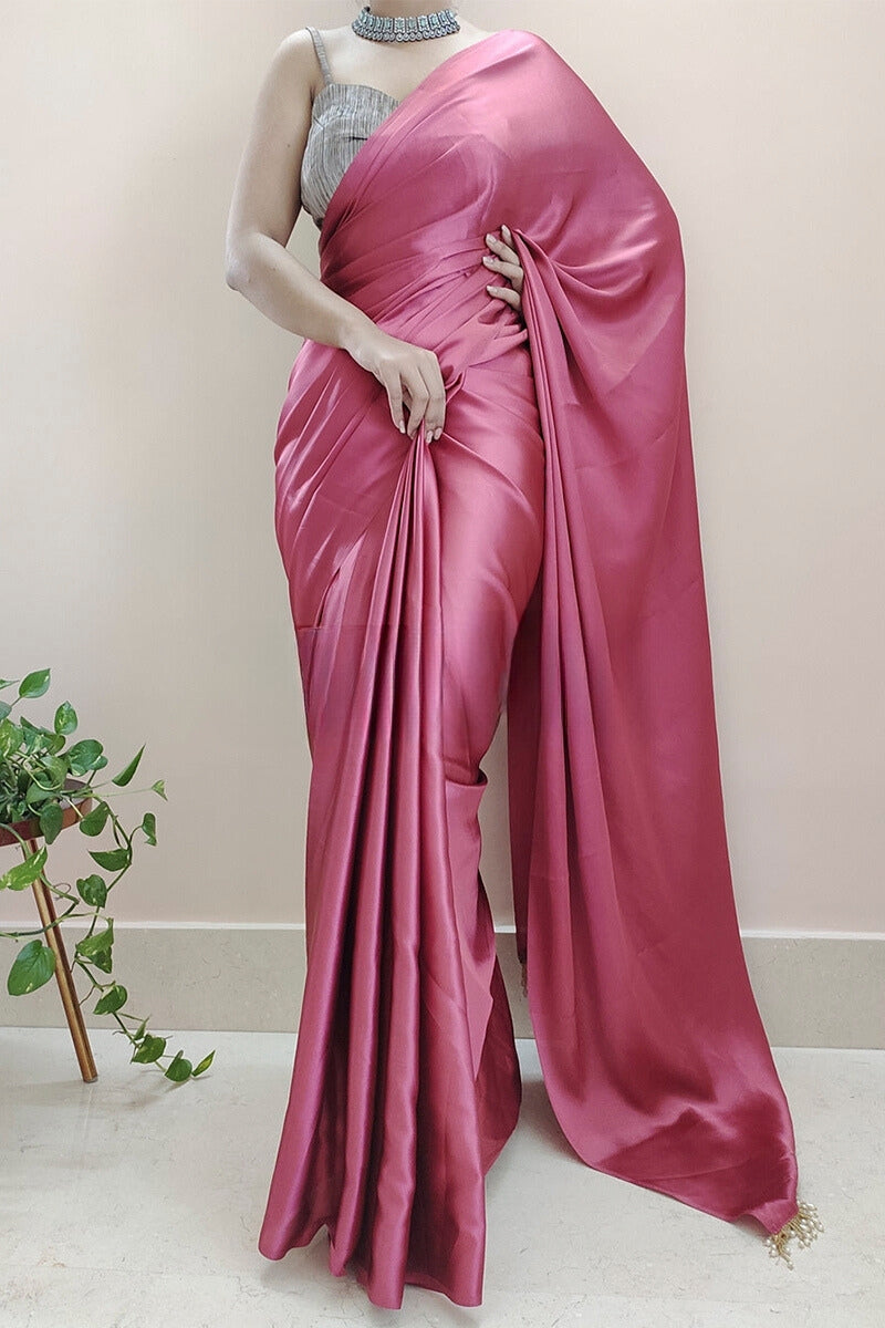 Angelic 1-Minute Ready To Wear Rose Pink Satin Silk Saree