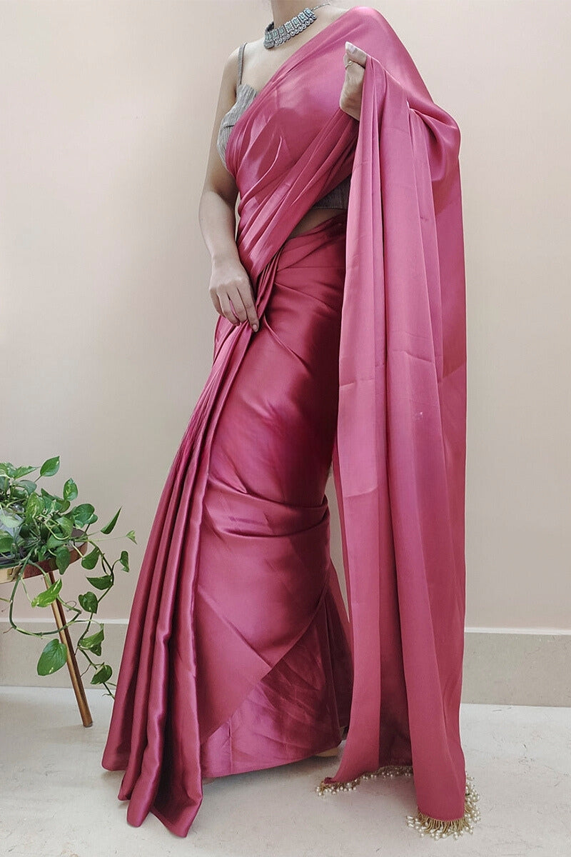 Angelic 1-Minute Ready To Wear Rose Pink Satin Silk Saree