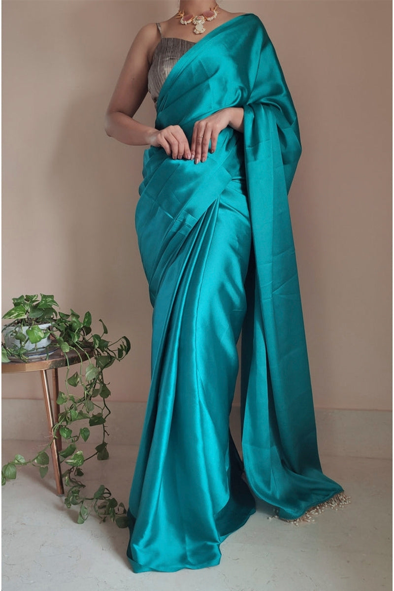 Elision 1-Minute Ready To Wear Sea Green Satin Silk Saree