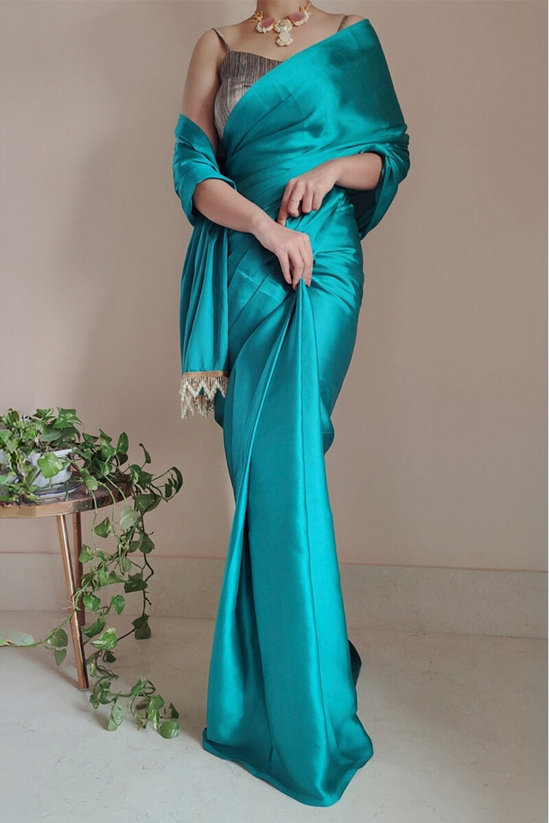 Elision 1-Minute Ready To Wear Sea Green Satin Silk Saree