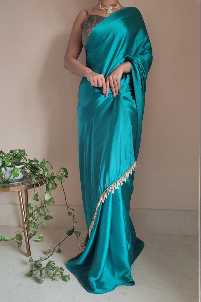 Elision 1-Minute Ready To Wear Sea Green Satin Silk Saree