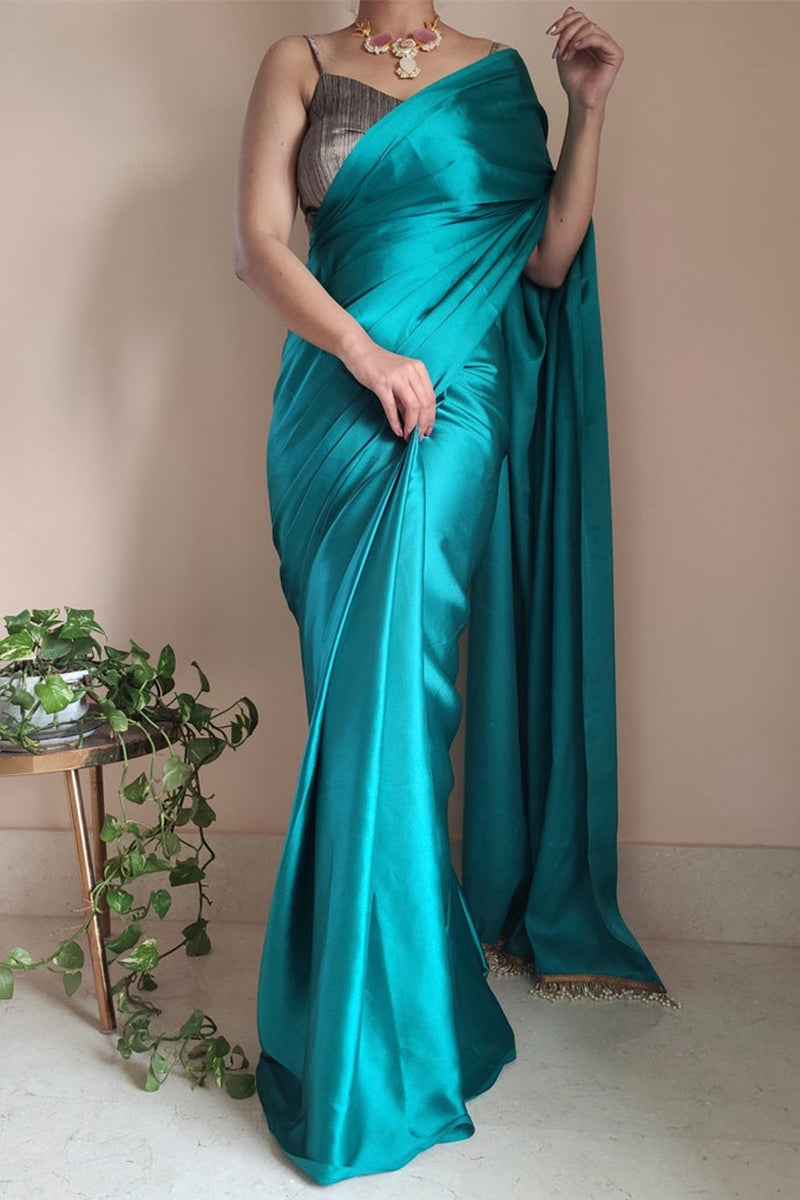 Elision 1-Minute Ready To Wear Sea Green Satin Silk Saree
