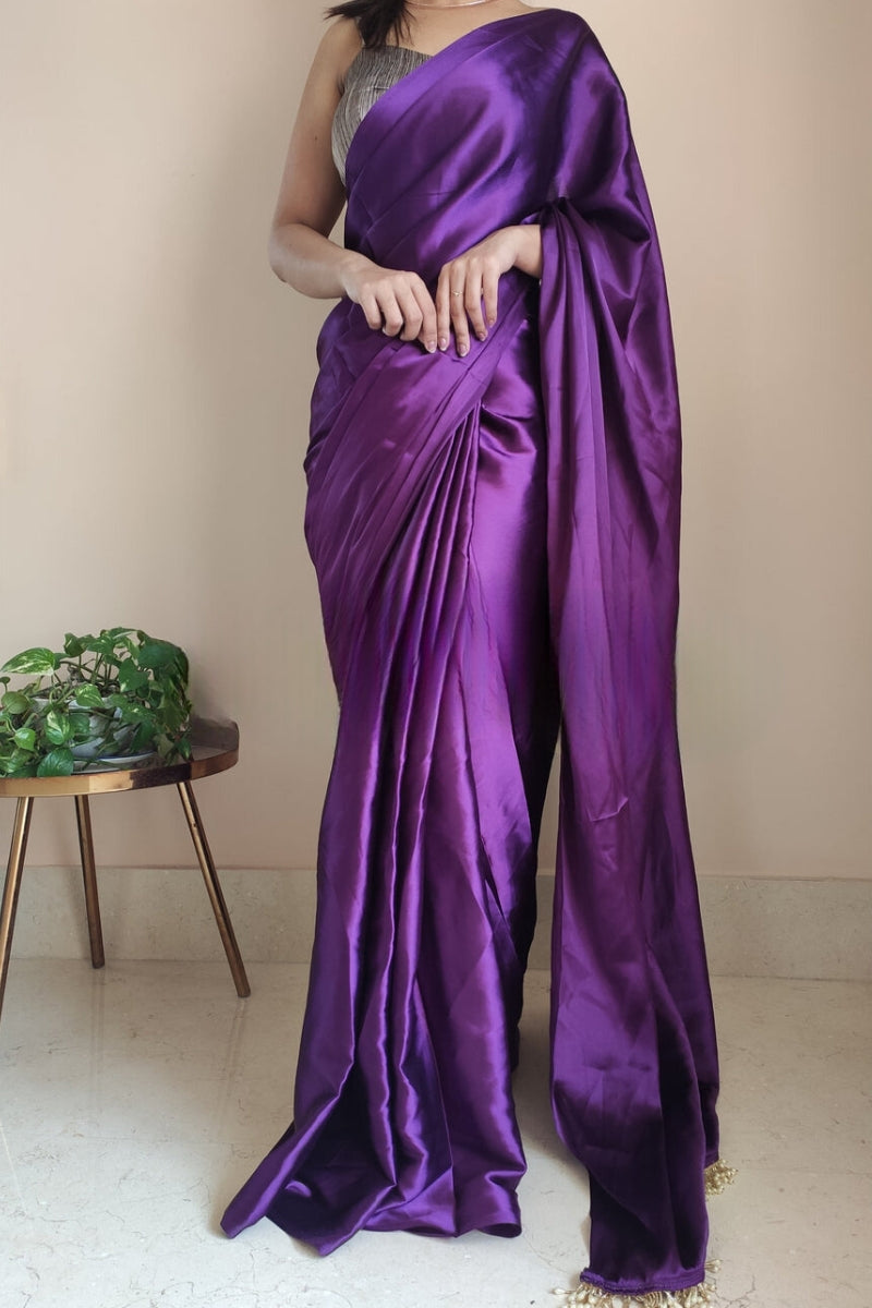 Ineffable 1-Minute Ready To Wear Violet Satin Silk Saree
