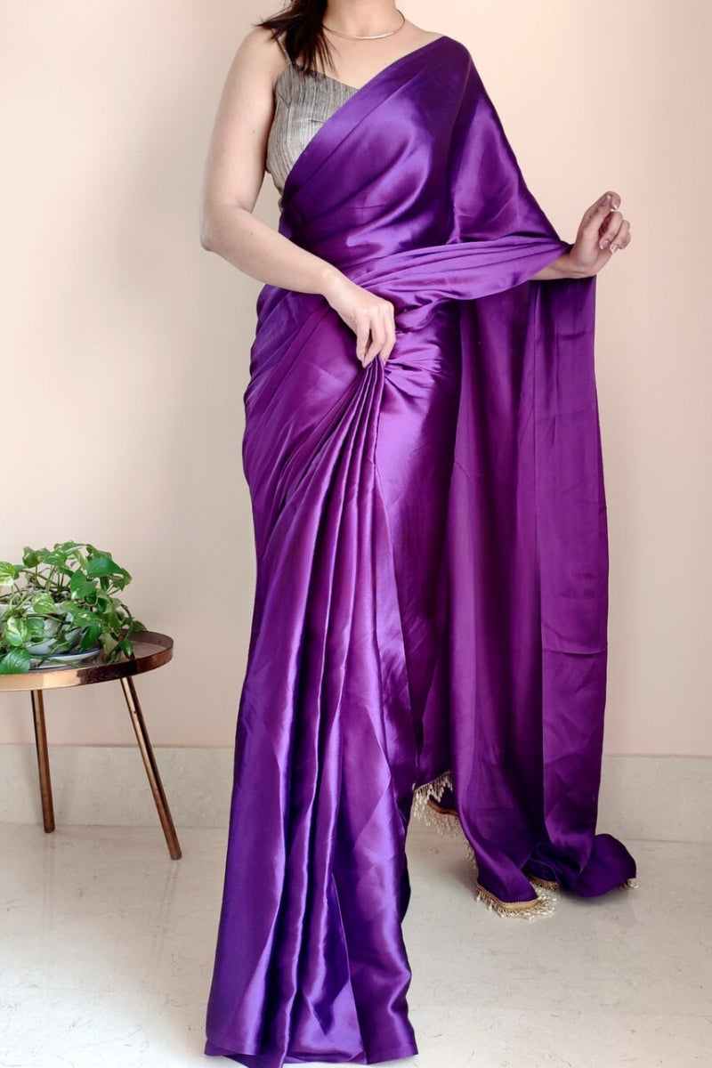 Ineffable 1-Minute Ready To Wear Violet Satin Silk Saree