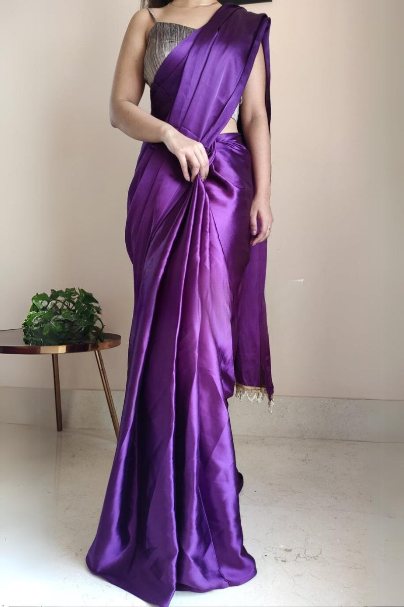Ineffable 1-Minute Ready To Wear Violet Satin Silk Saree