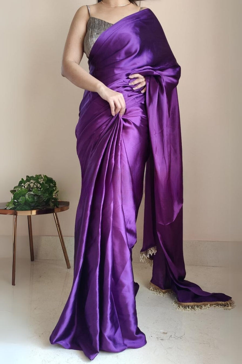 Ineffable 1-Minute Ready To Wear Violet Satin Silk Saree