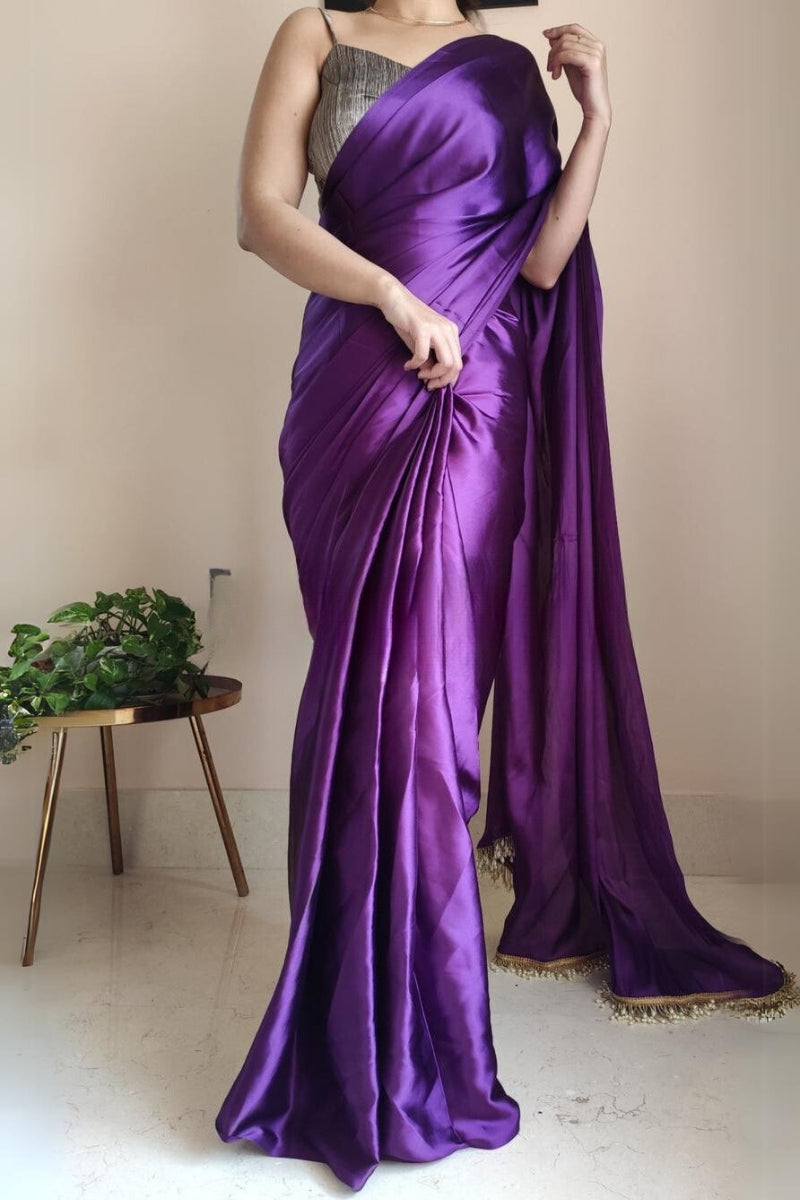 Ineffable 1-Minute Ready To Wear Violet Satin Silk Saree