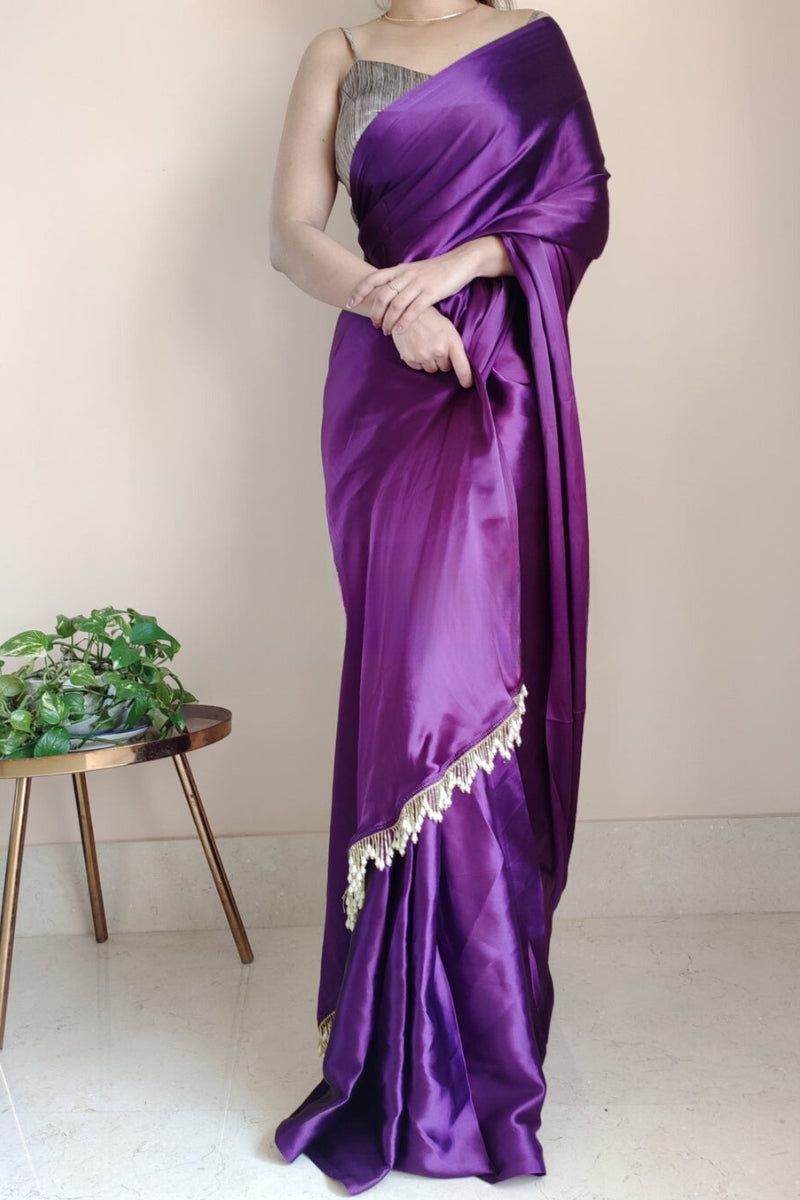 Ineffable 1-Minute Ready To Wear Violet Satin Silk Saree