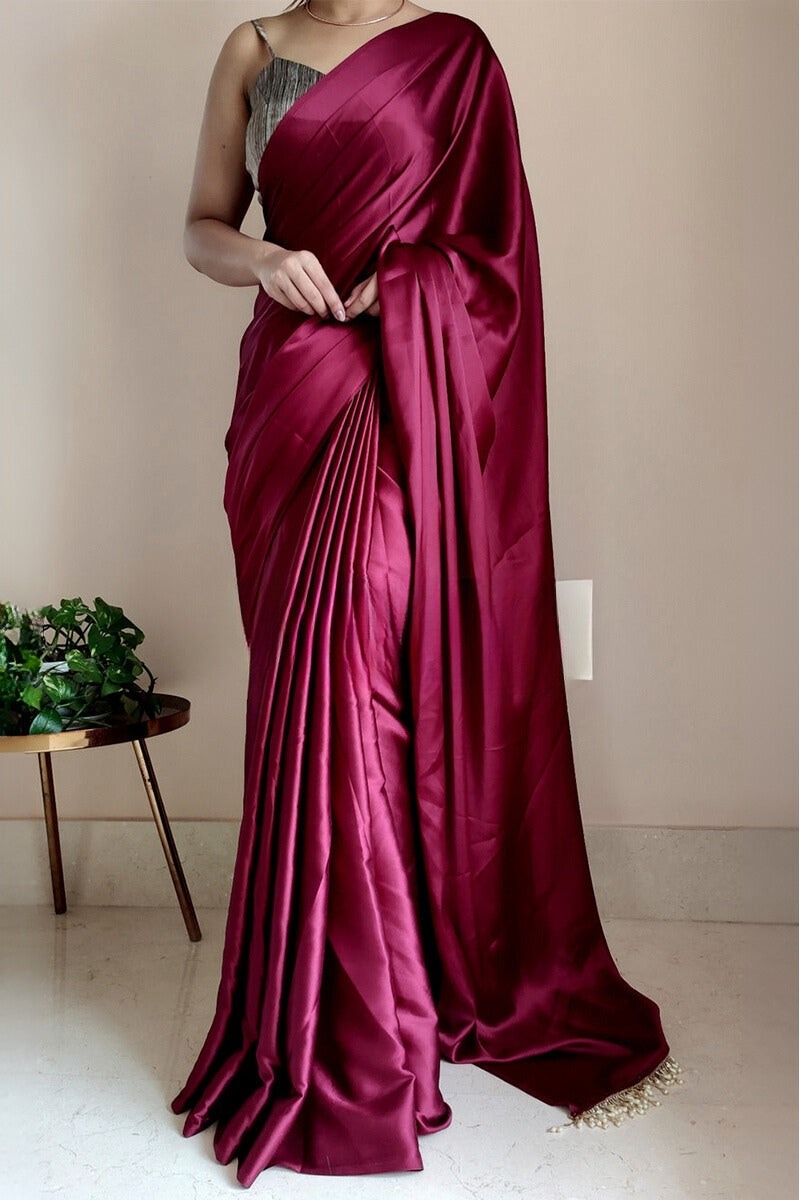 Ephemeral 1-Minute Ready To Wear Wine Satin Silk Saree