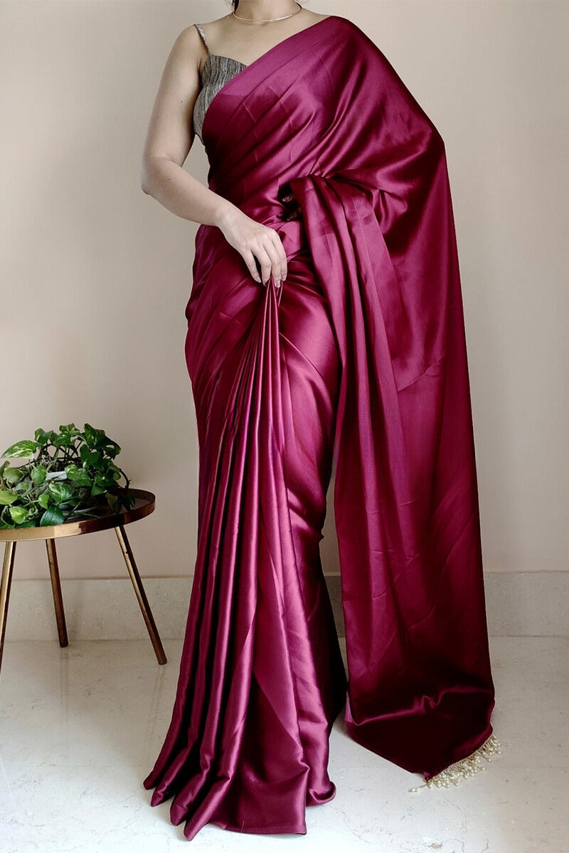 Ephemeral 1-Minute Ready To Wear Wine Satin Silk Saree