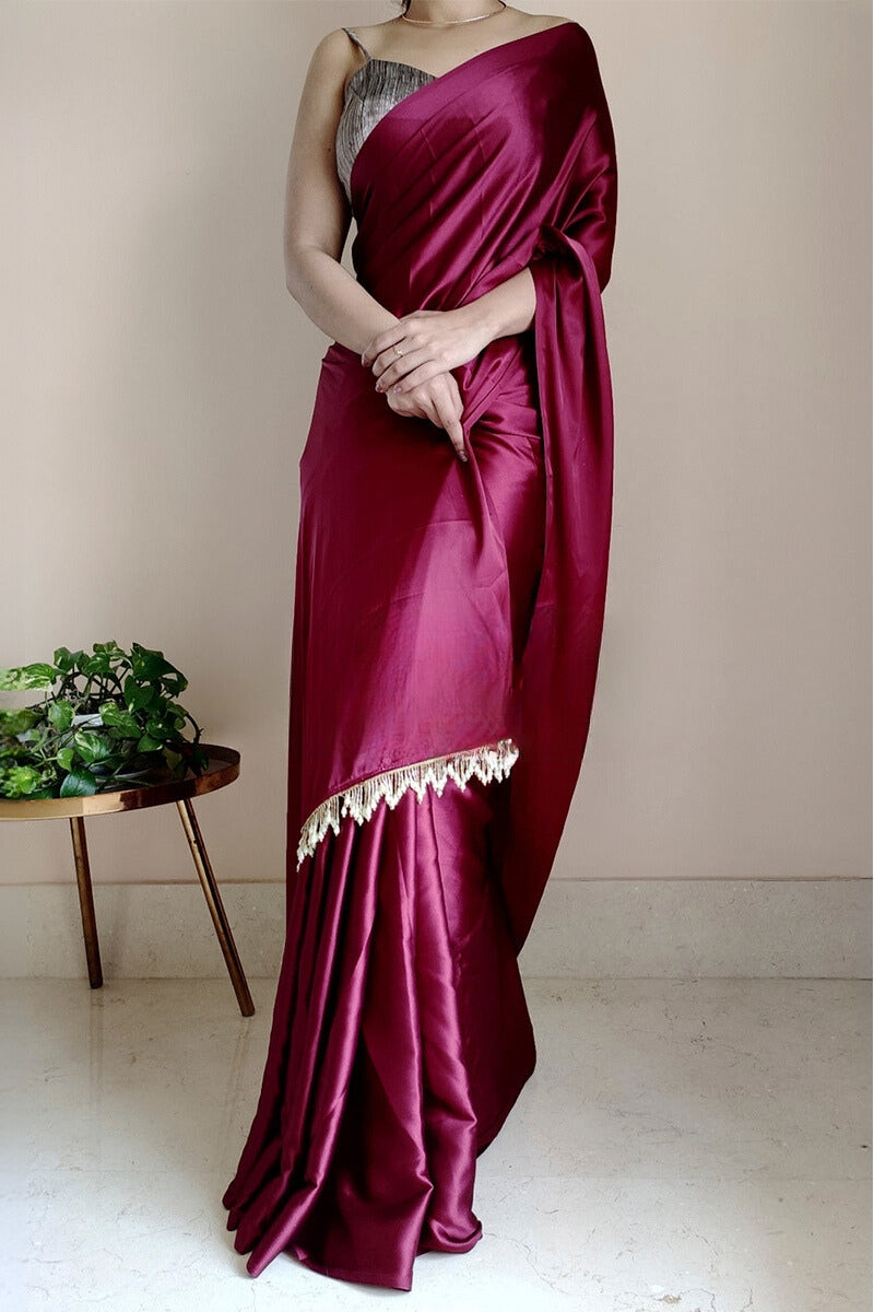 Ephemeral 1-Minute Ready To Wear Wine Satin Silk Saree