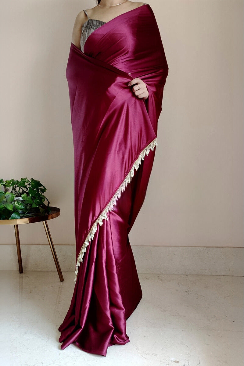 Ephemeral 1-Minute Ready To Wear Wine Satin Silk Saree