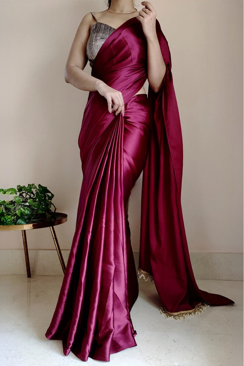 Ephemeral 1-Minute Ready To Wear Wine Satin Silk Saree