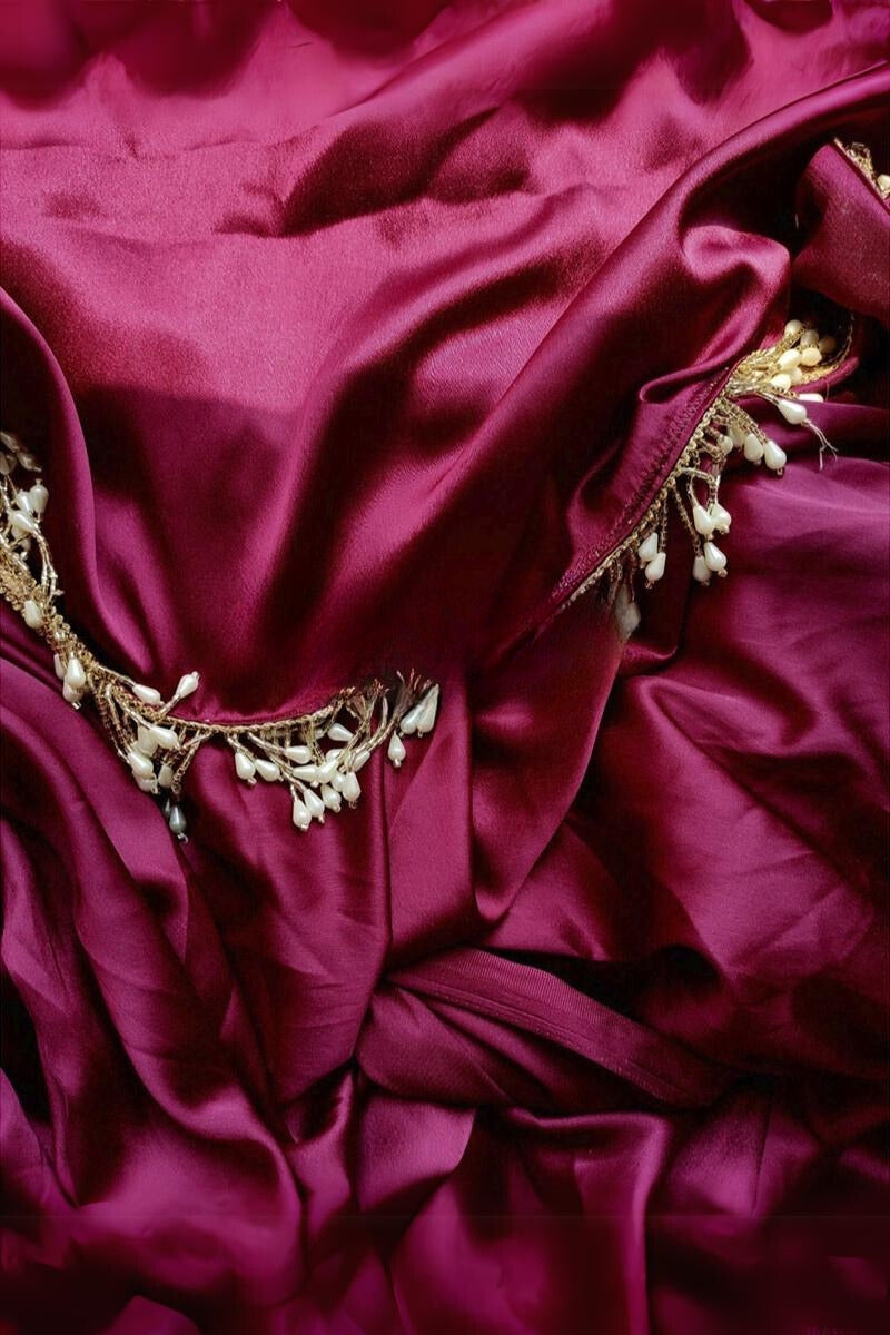 Ephemeral 1-Minute Ready To Wear Wine Satin Silk Saree