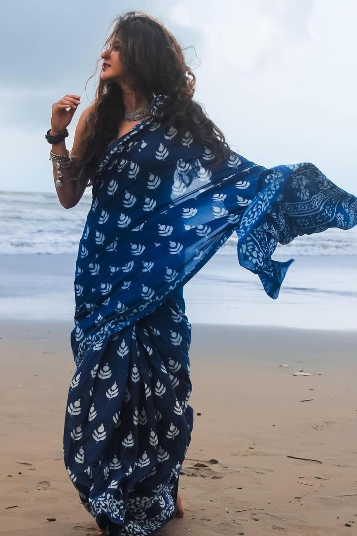 Felicitous 1 Minute Ready To Wear Blue Mul Cotton Digital Printed Saree With Pocket