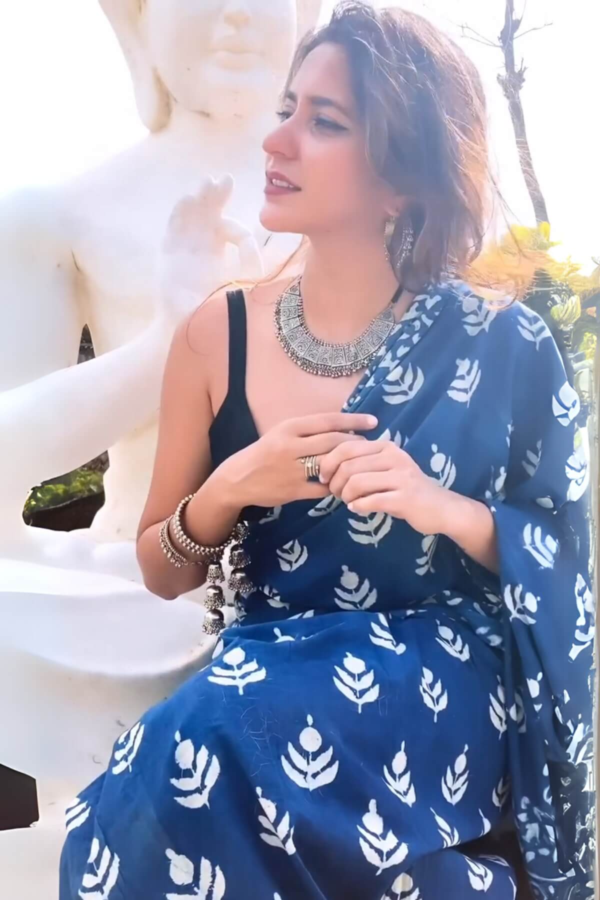 Felicitous 1 Minute Ready To Wear Blue Mul Cotton Digital Printed Saree With Pocket