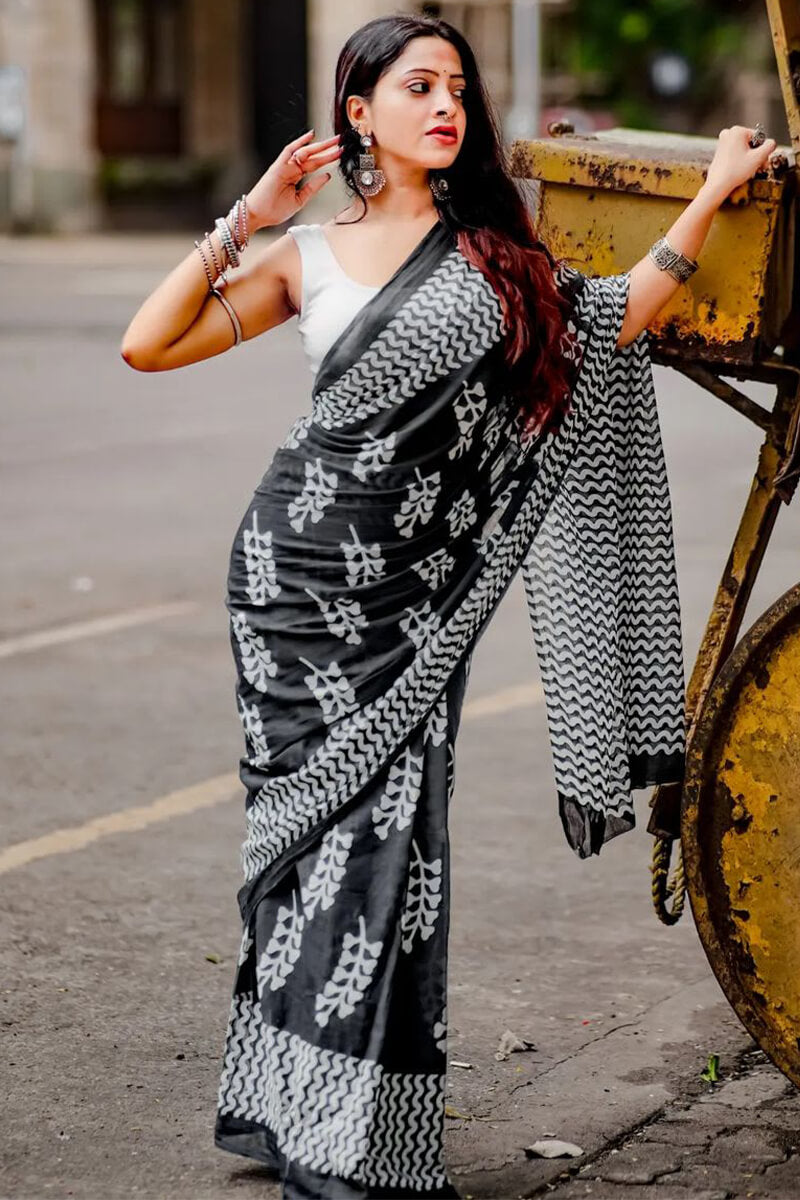 Exuberant 1 Minute Ready To Wear Black Mul Cotton Digital Printed Saree With Pocket