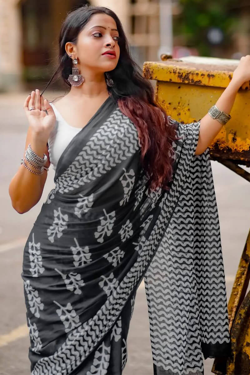Exuberant 1 Minute Ready To Wear Black Mul Cotton Digital Printed Saree With Pocket