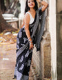 Exuberant 1 Minute Ready To Wear Black Mul Cotton Digital Printed Saree With Pocket