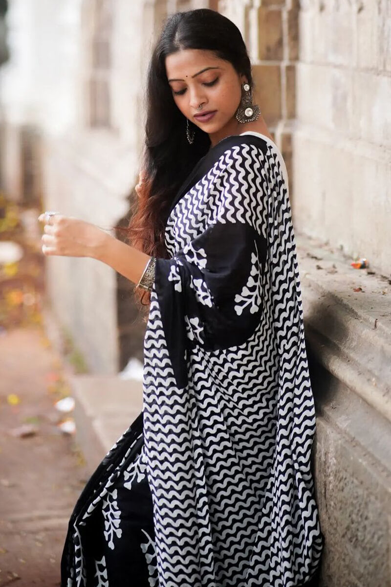 Exuberant 1 Minute Ready To Wear Black Mul Cotton Digital Printed Saree With Pocket