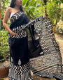 Quintessential 1 Minute Ready To Wear Black Mul Cotton Digital Printed Saree With Pocket
