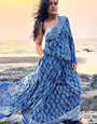 Snappy 1 Minute Ready To Wear Blue Mul Cotton Digital Printed Saree With Pocket