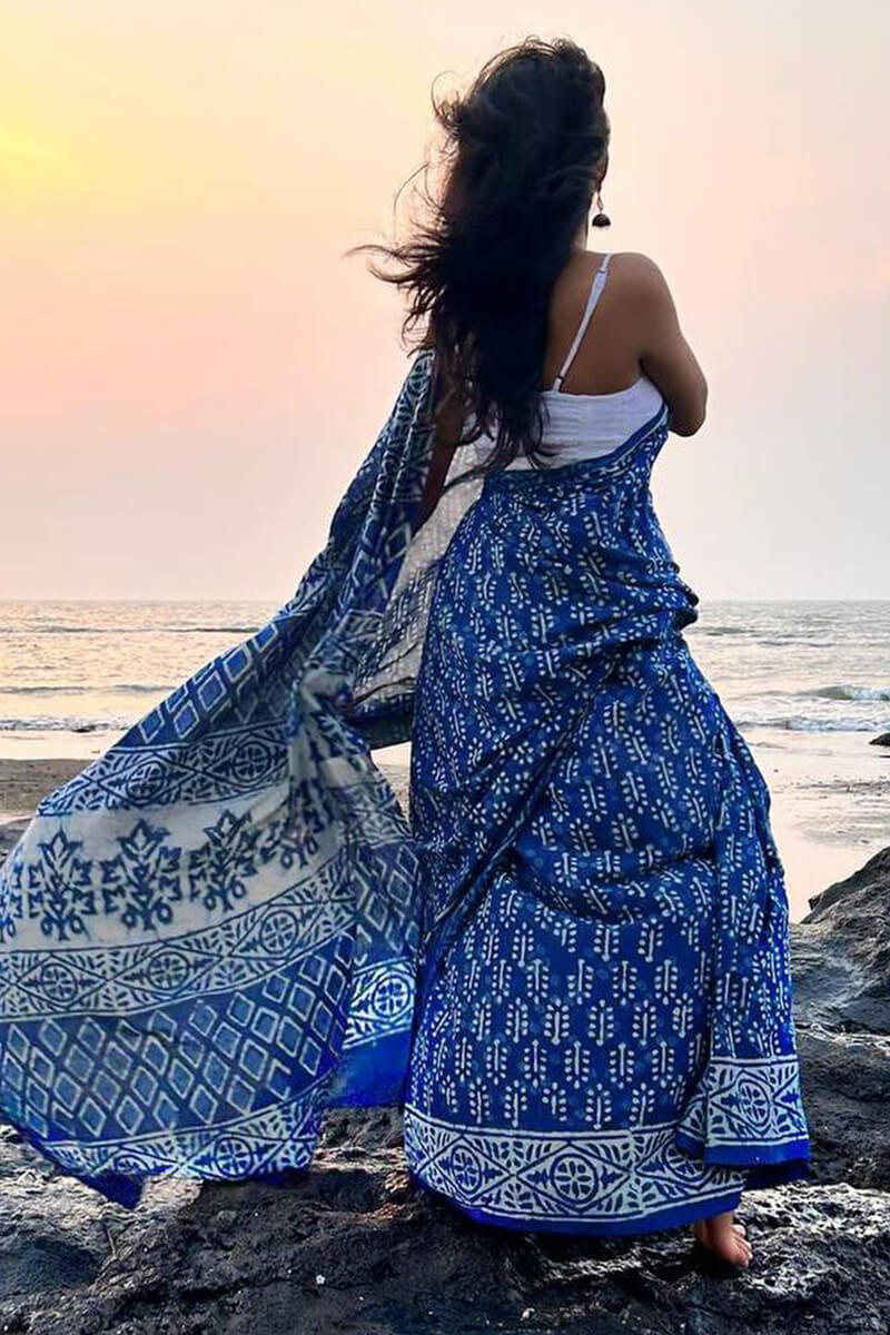 Snappy 1 Minute Ready To Wear Blue Mul Cotton Digital Printed Saree With Pocket