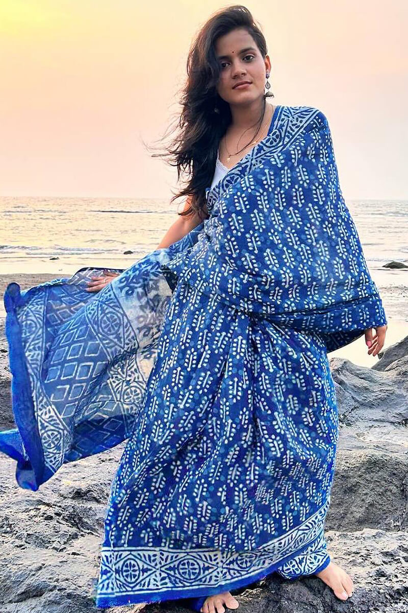 Snappy 1 Minute Ready To Wear Blue Mul Cotton Digital Printed Saree With Pocket