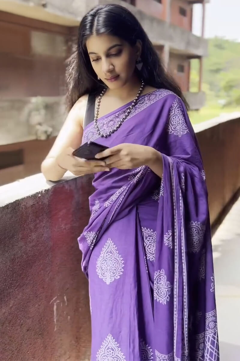 Girlish 1 Minute Ready To Wear Purple Mul Cotton Digital Printed Saree With Pocket