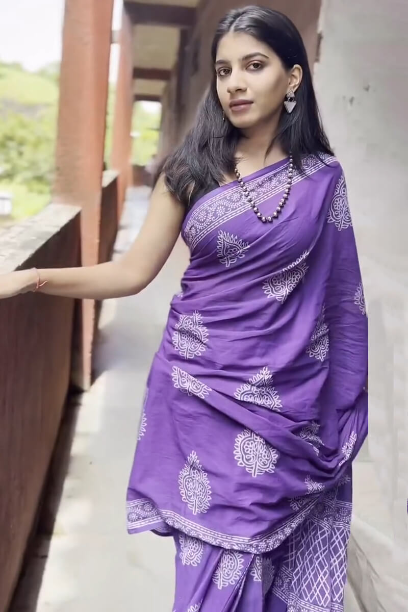 Girlish 1 Minute Ready To Wear Purple Mul Cotton Digital Printed Saree With Pocket