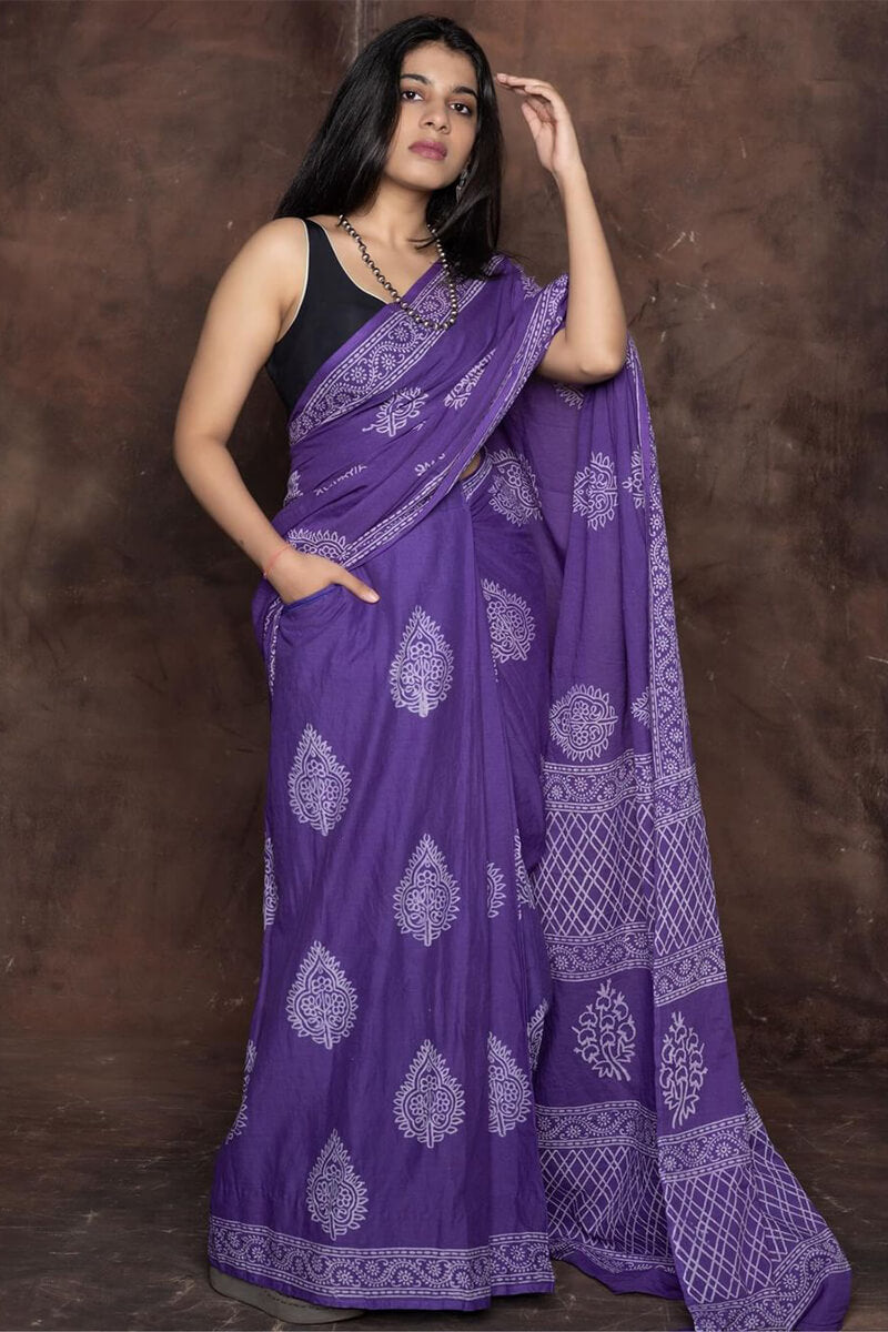 Girlish 1 Minute Ready To Wear Purple Mul Cotton Digital Printed Saree With Pocket