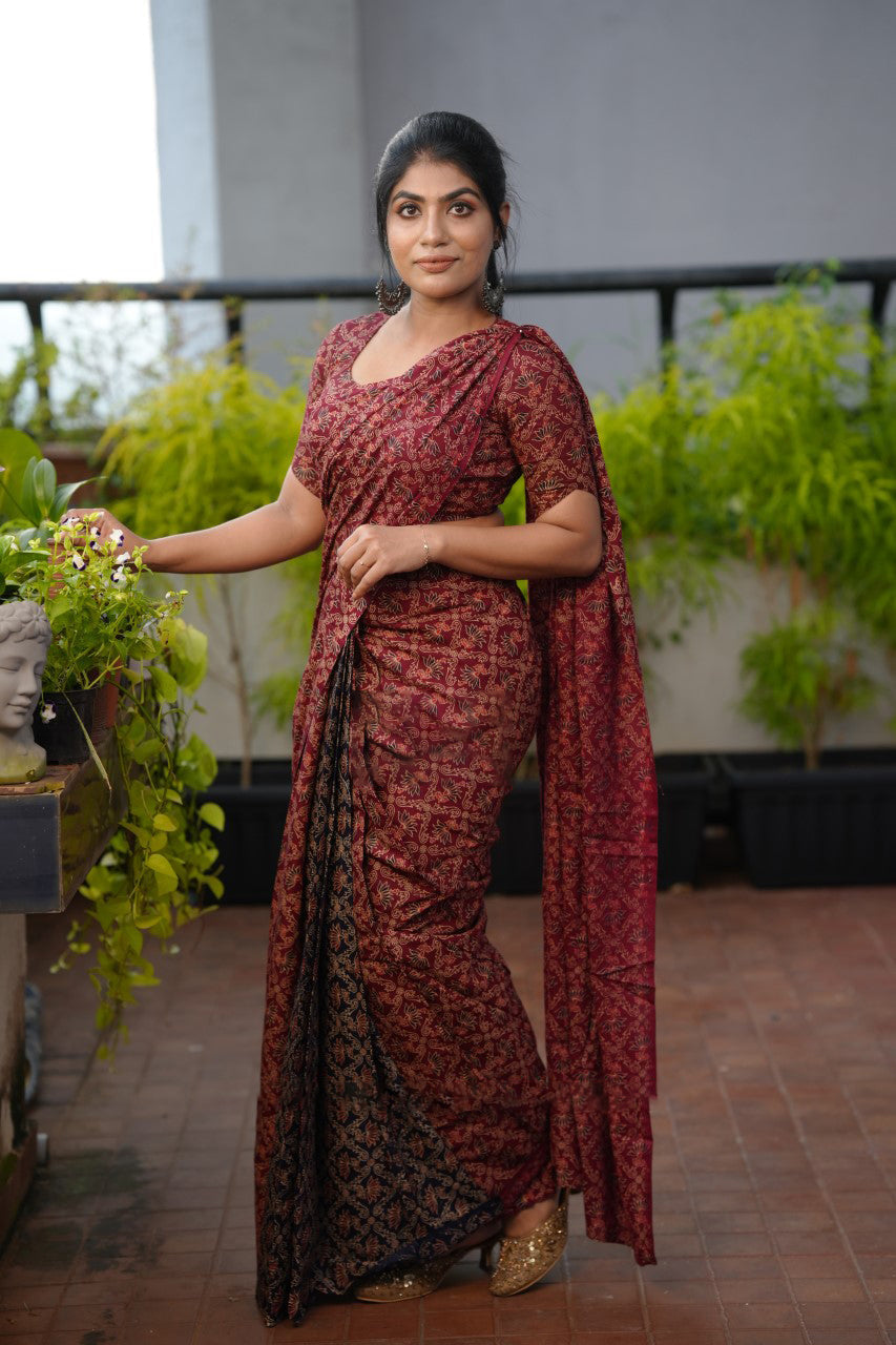 Staggering 1 Minute Ready To Wear Maroon Mul Cotton Digital Printed Saree With Pocket