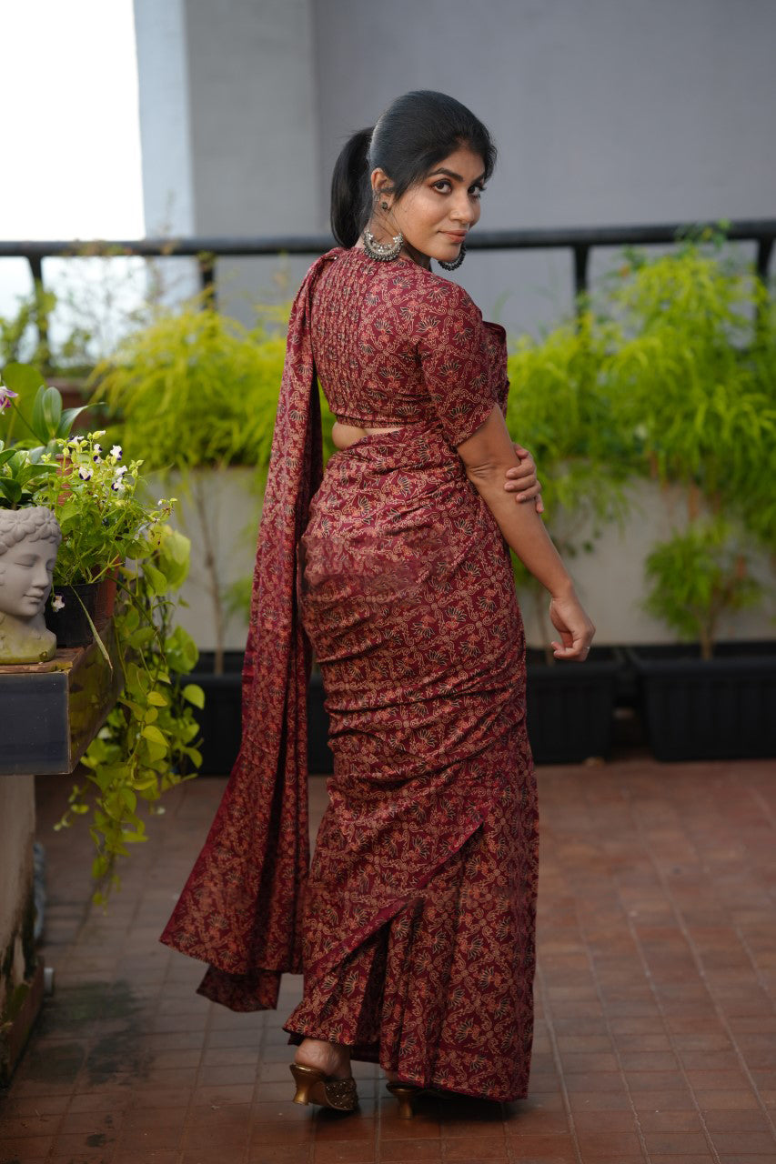 Staggering 1 Minute Ready To Wear Maroon Mul Cotton Digital Printed Saree With Pocket