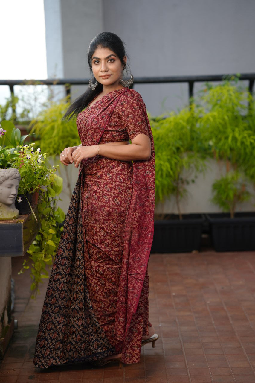 Staggering 1 Minute Ready To Wear Maroon Mul Cotton Digital Printed Saree With Pocket