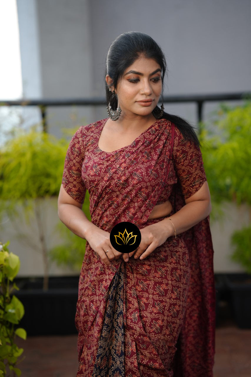 Staggering 1 Minute Ready To Wear Maroon Mul Cotton Digital Printed Saree With Pocket