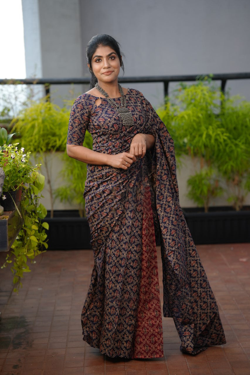 Energetic 1 Minute Ready To Wear Navy Blue Mul Cotton Digital Printed Saree With Pocket