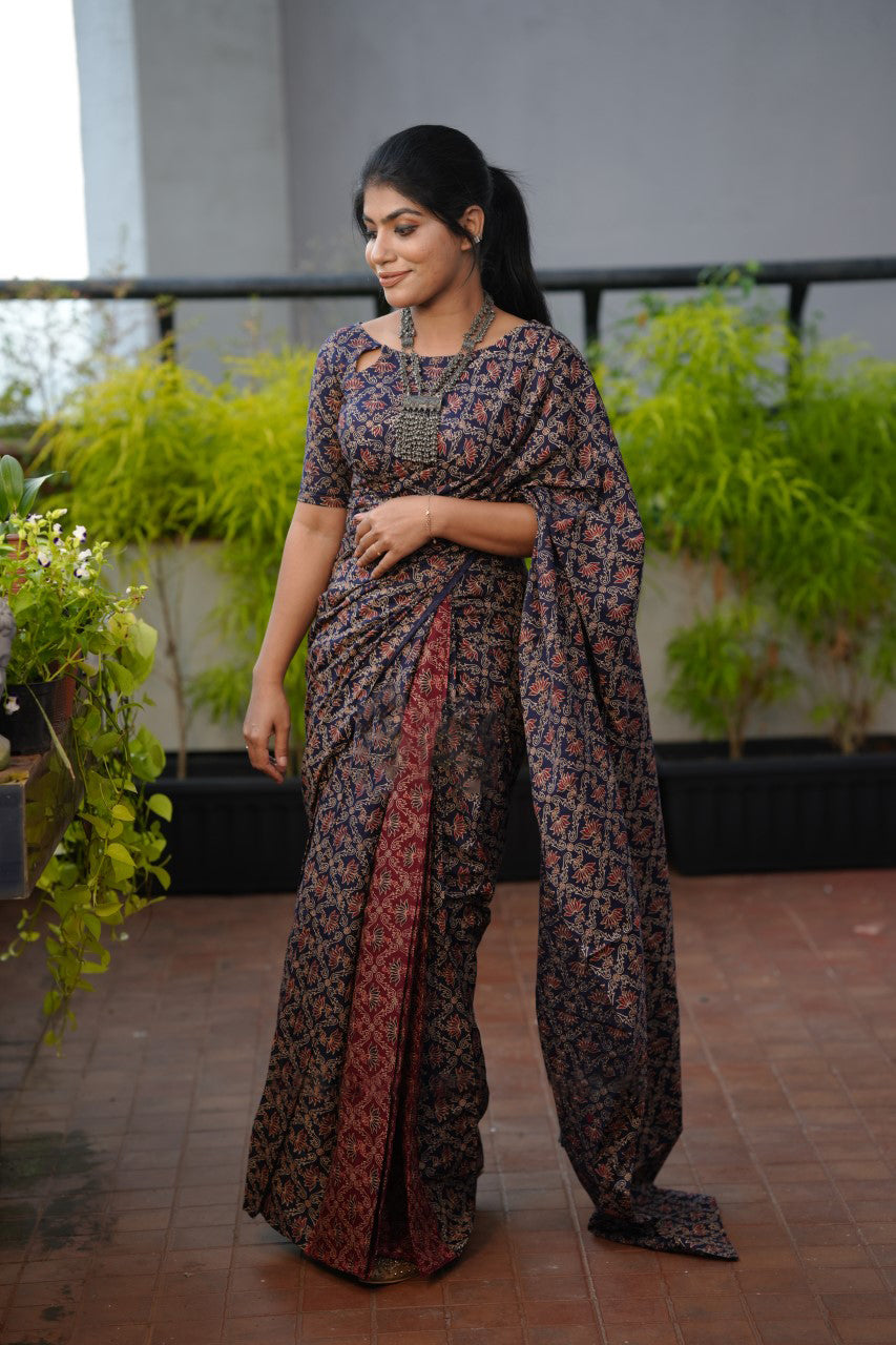 Energetic 1 Minute Ready To Wear Navy Blue Mul Cotton Digital Printed Saree With Pocket