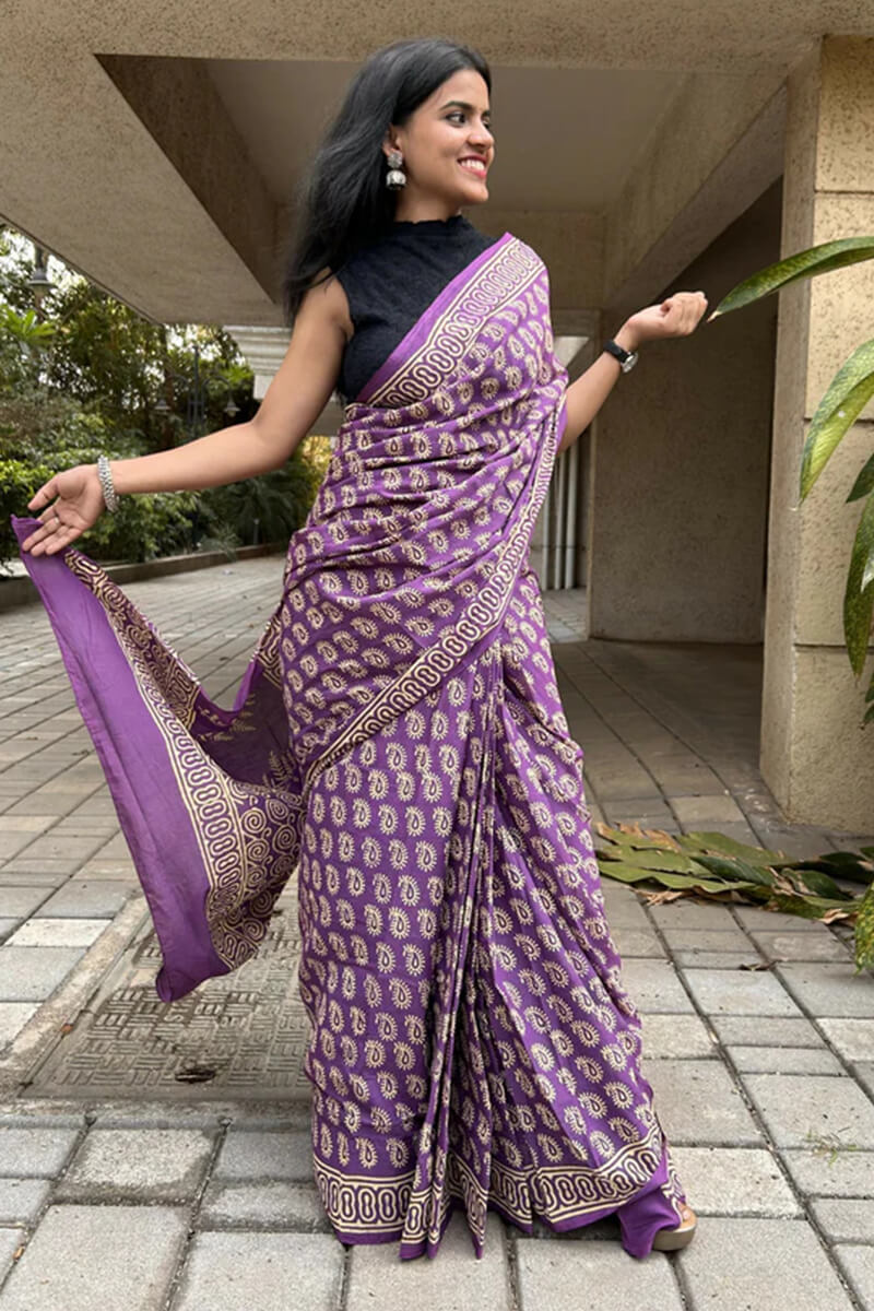 Excellent 1 Minute Ready To Wear Lavender Mul Cotton Digital Printed Saree With Pocket