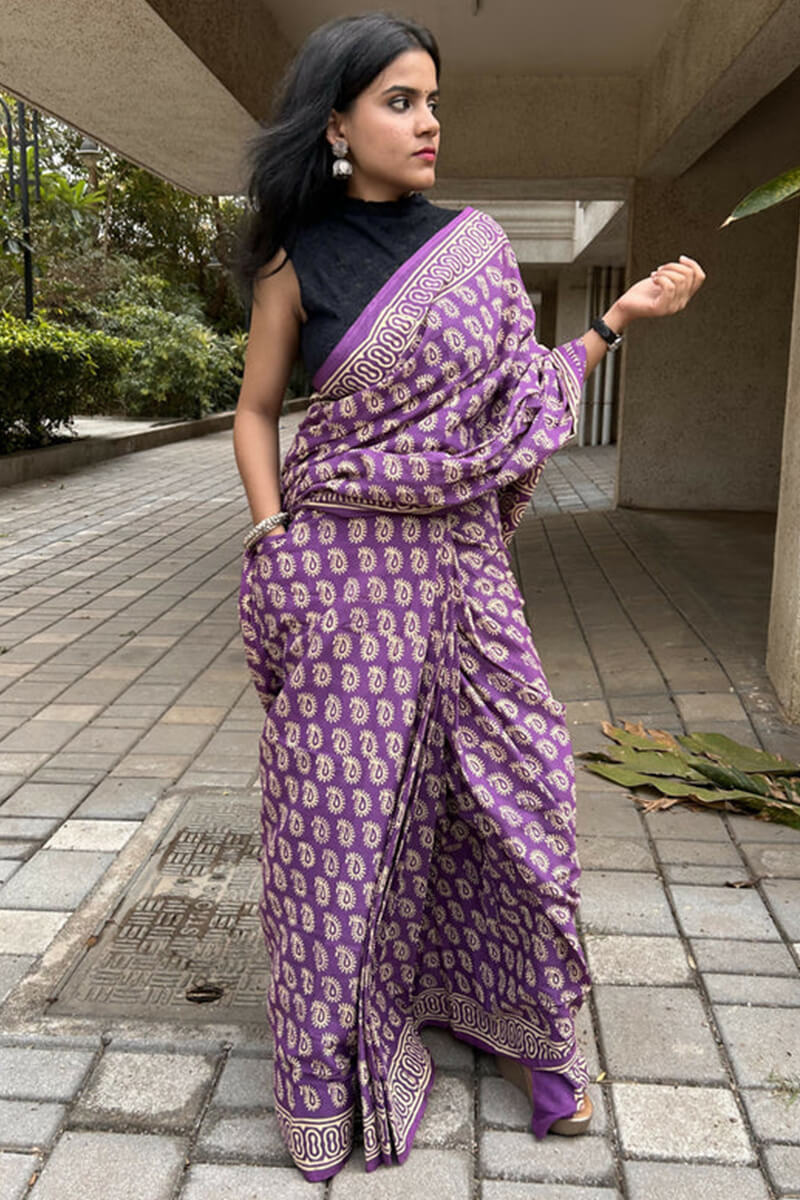 Excellent 1 Minute Ready To Wear Lavender Mul Cotton Digital Printed Saree With Pocket