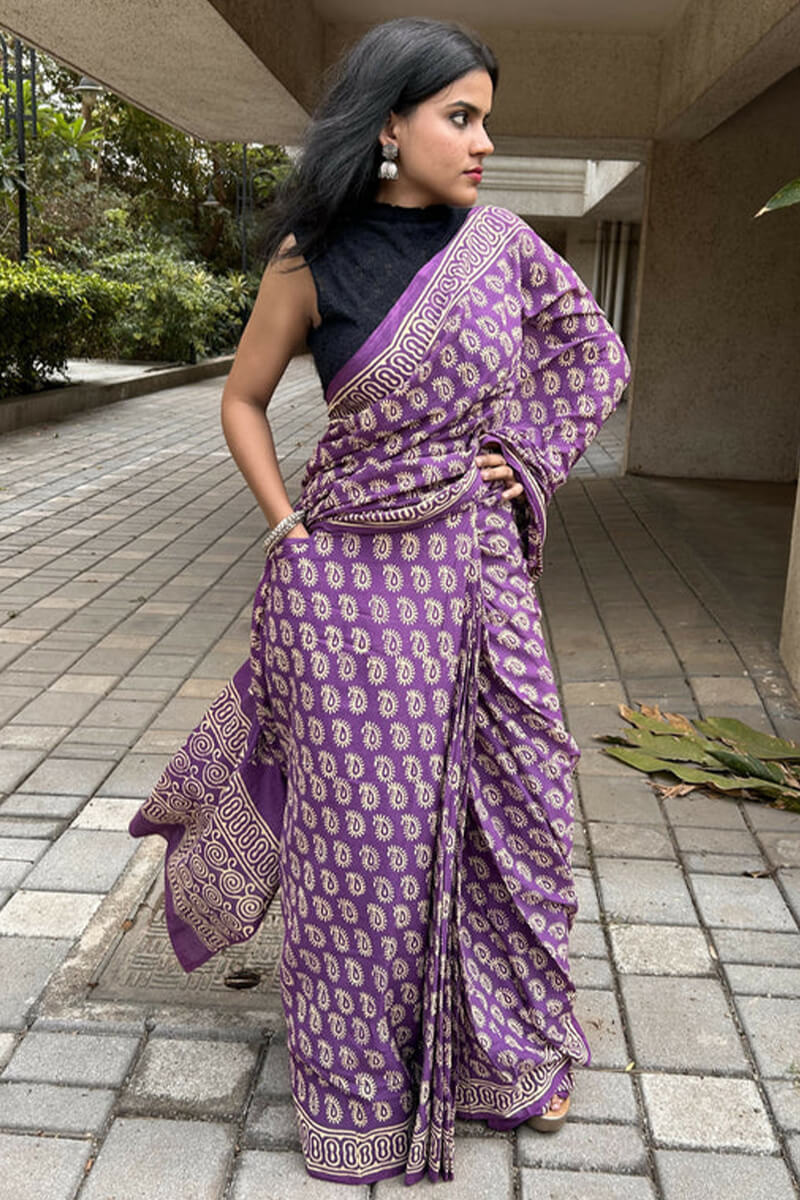Excellent 1 Minute Ready To Wear Lavender Mul Cotton Digital Printed Saree With Pocket