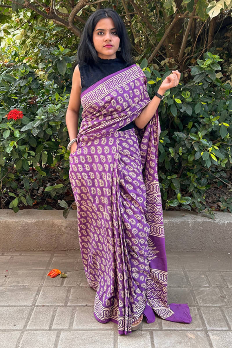 Excellent 1 Minute Ready To Wear Lavender Mul Cotton Digital Printed Saree With Pocket
